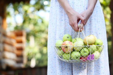 sepet elma açık havada tutan kız