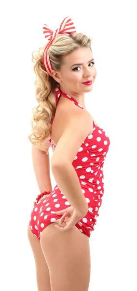 Mooi meisje met mooie glimlach in pinup stijl, geïsoleerd op wit — Stockfoto