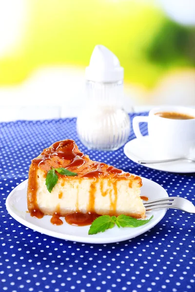 Bolo de queijo na placa na toalha de mesa de bolinhas no fundo da natureza — Fotografia de Stock