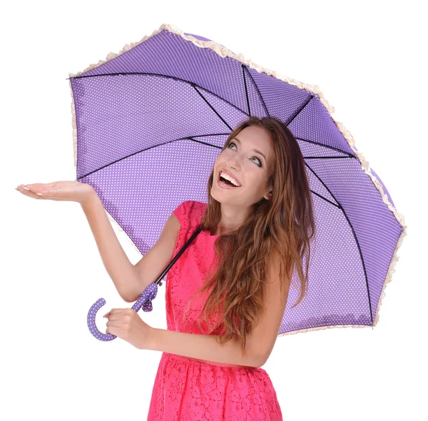 Bella ragazza con ombrello isolato su bianco — Foto Stock