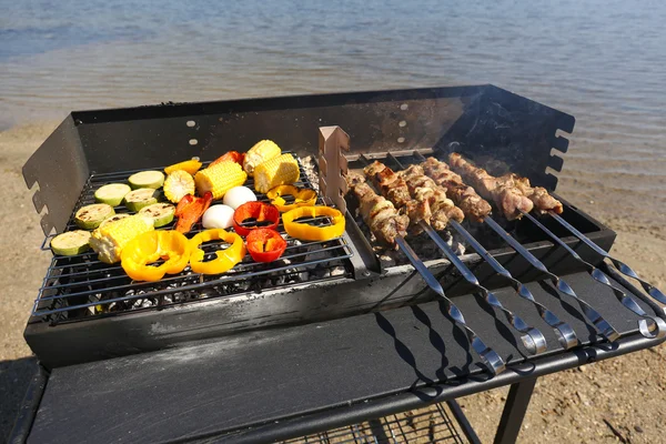 Skewers and vegetables on grill — Stock Photo, Image