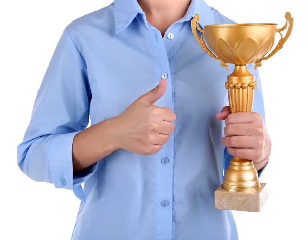 Mulher segurando copo troféu — Fotografia de Stock