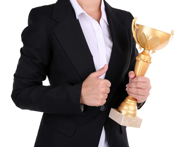 Mulher segurando copo troféu — Fotografia de Stock