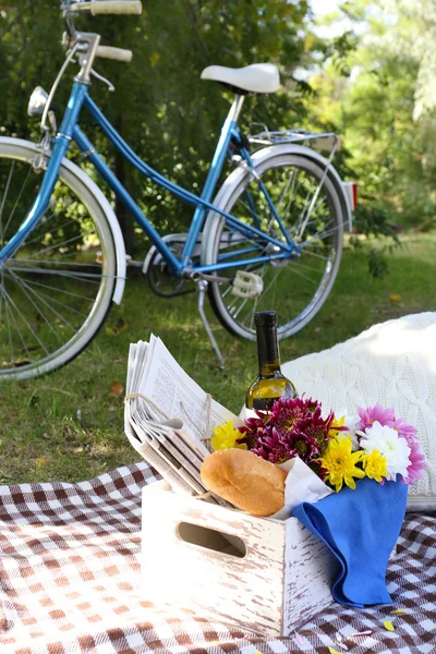 旧自行车和野餐小吃 — 图库照片