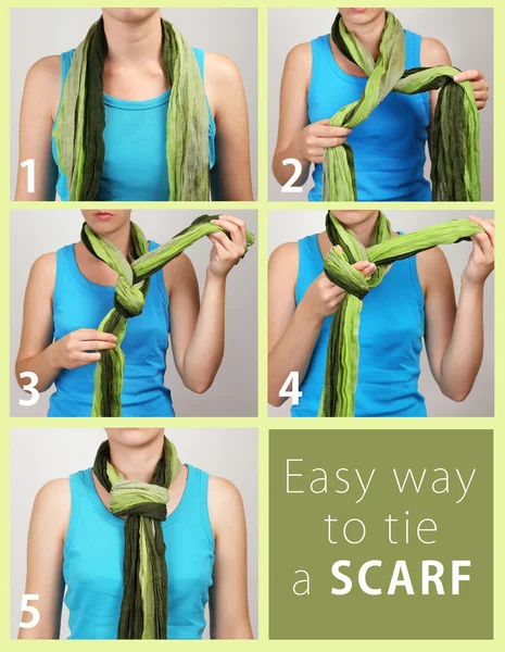 How to tie a scarf? Woman wearing scarf, close up — Stock Photo, Image