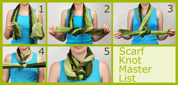 How to tie a scarf? Woman wearing scarf, close up — Stock Photo, Image