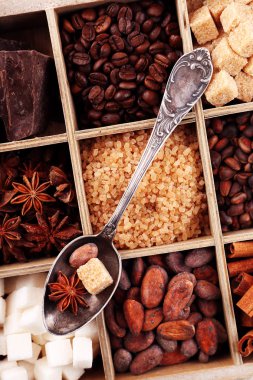 kahve ve kakao çekirdekleri, kesme şeker, çikolata, tarçın ve anason, yakın çekim seti ile ahşap kutu
