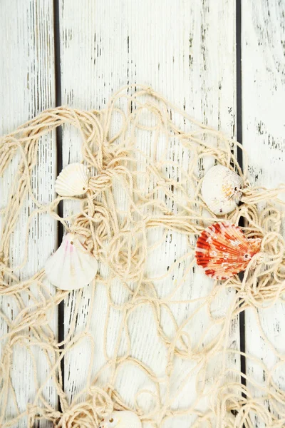 Decor of seashells on wooden table background — Stock Photo, Image