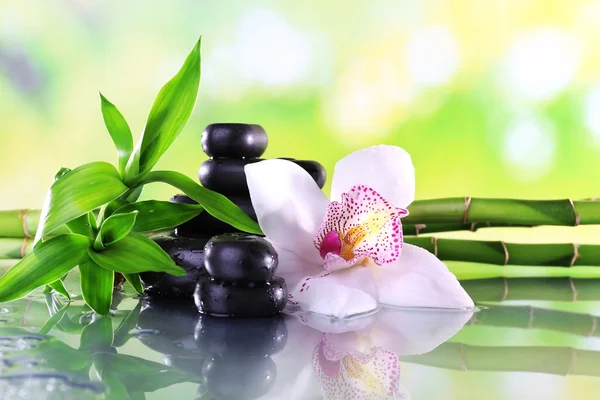 Spa kamienie, gałęzie bambusa i Biała orchidea na stole na naturalne tło — Zdjęcie stockowe