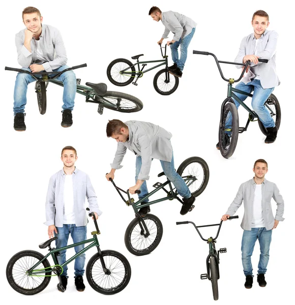 Un collage de bicicletas. Niño en BMX bicicleta aislado en blanco — Foto de Stock