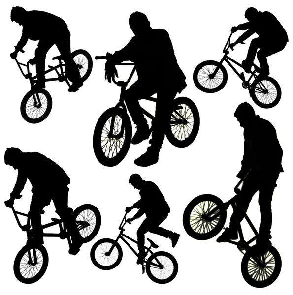 Colagem de bicicletas. Menino na bicicleta BMX isolado no branco — Fotografia de Stock