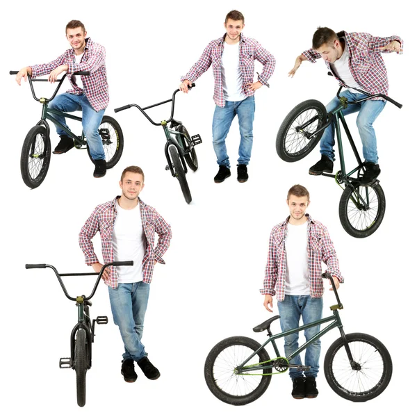 自転車のコラージュ。白で隔離の Bmx の自転車の少年 — ストック写真