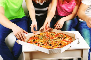 genç arkadaş divan Oturma odasında pizza yemek grubu