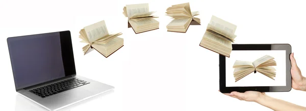 Trasferimento di informazioni. Libri che volano in tablet da laptop isolato su bianco — Foto Stock