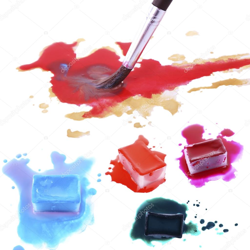 Collage of watercolor paints isolated on white