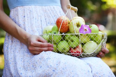 sepet elma açık havada tutan kız