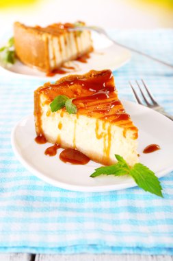 Peynirli kek tabakta, masa örtüsünde, doğa arka planında.