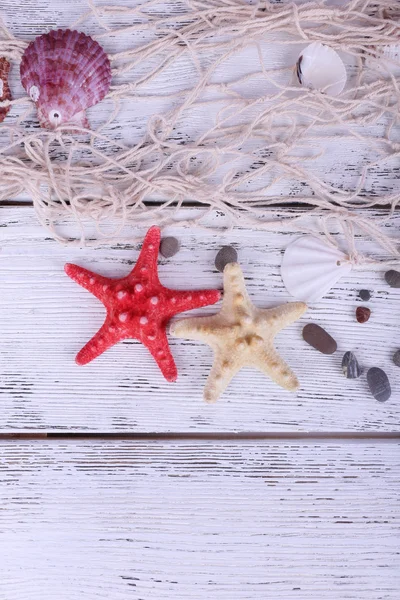 Decor of seashells and seastar close-up on blue wooden table — Stock fotografie