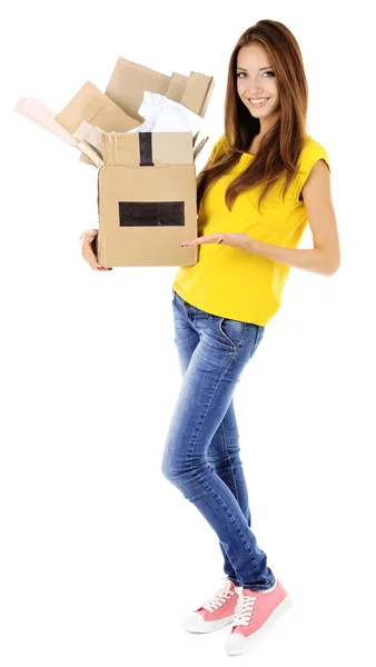 Young girl sorting paper and cardboard isolated on white — Stock Photo, Image