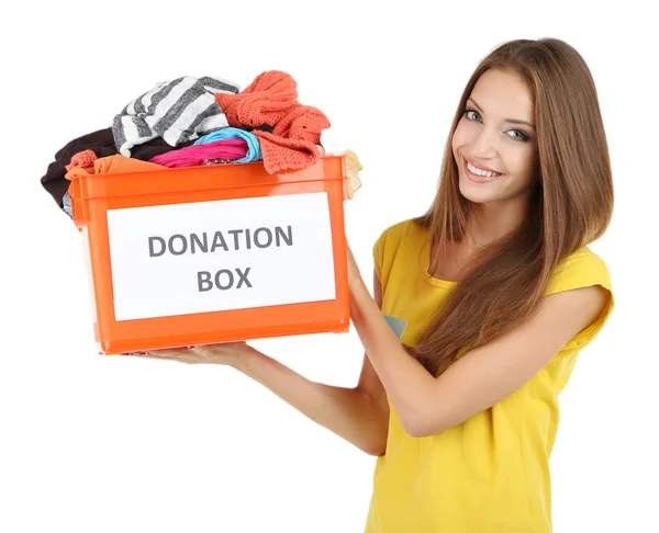 Chica voluntaria con caja de donación aislada en blanco — Foto de Stock