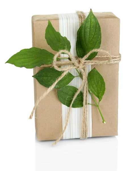 Natural style handcrafted gift box with fresh leaves and rustic twine, isolated on white background — Stock Photo, Image