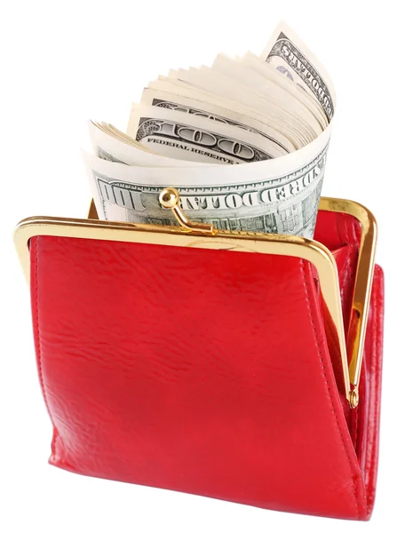 Purse with hundred dollar banknotes, isolated on white — Stock Photo, Image