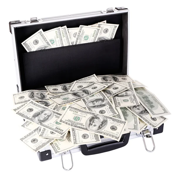 Lot of one hundred dollar bills in suitcase isolated on white — Stock Photo, Image