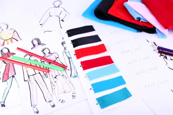 Sketches of clothes and fabric samples — Stock Photo, Image