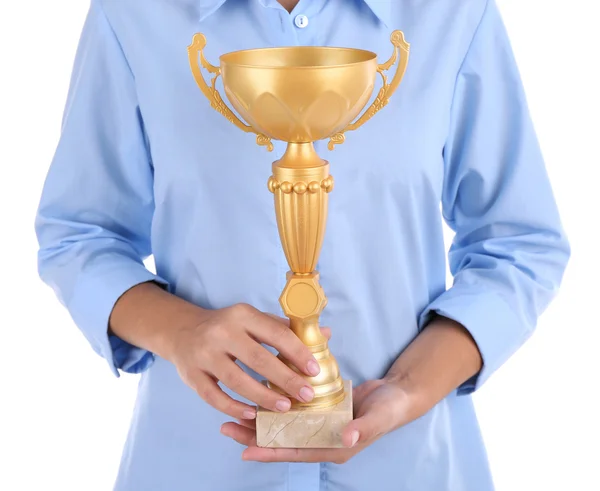 Donna in possesso di coppa trofeo — Foto Stock