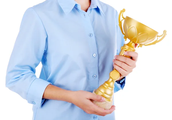 Mulher segurando copo troféu — Fotografia de Stock