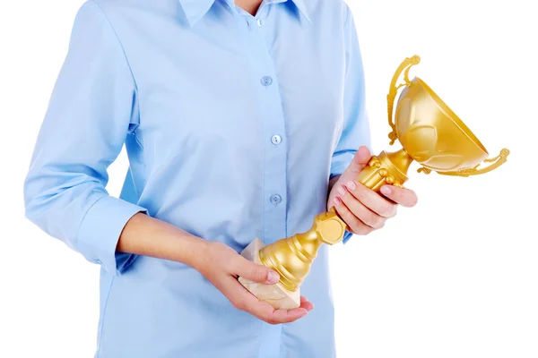 Woman holding trophy cup — Stock Photo, Image