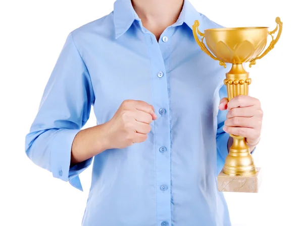 Femeia care deține cupa trofeului — Fotografie, imagine de stoc