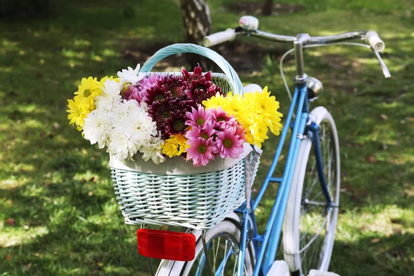 Cykel med blommor i metall korg — Stockfoto