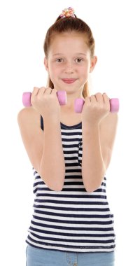 güzel küçük bir kız üzerinde beyaz izole egzersizleri yapıyor