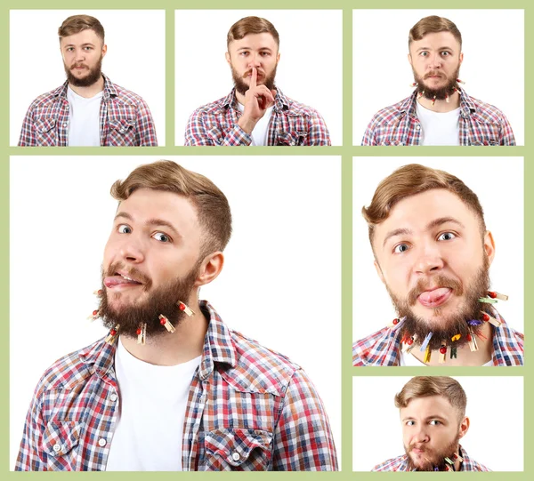 Concepto de emoción. Hombre guapo con collage de barba — Foto de Stock