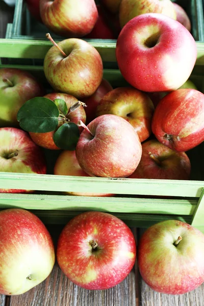 Juicy apples in box, close-up — Stock Photo, Image