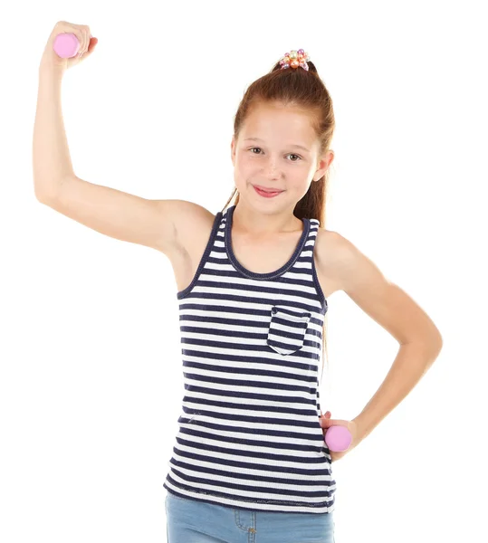 Schöne kleine Mädchen macht Übungen isoliert auf weiß — Stockfoto