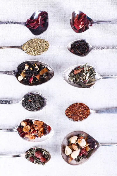 Tea in metal spoons — Stock Photo, Image