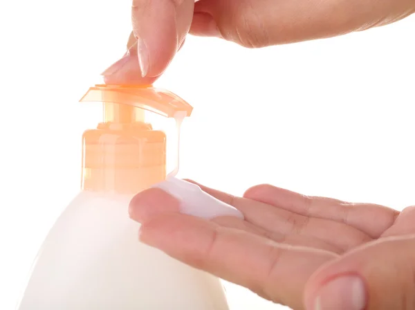 Hands using liquid soap — Stock Photo, Image