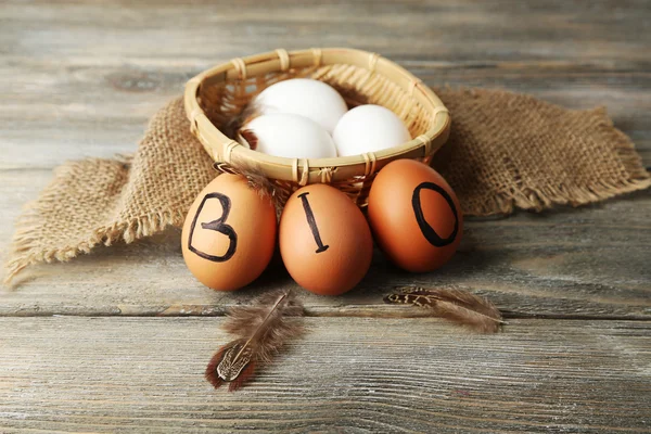Eggs with inscription BIO — Stock Photo, Image