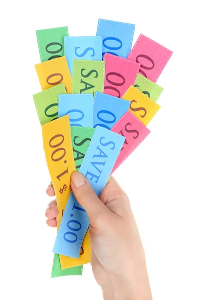 Conjunto de cupons de corte para fazer compras para economizar dinheiro, isolado em branco — Fotografia de Stock