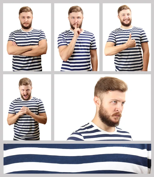 Concepto de emoción. Hombre guapo con collage de barba — Foto de Stock