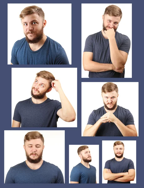 Concepto de emoción. Hombre guapo con collage de barba — Foto de Stock