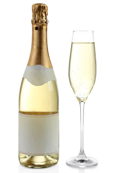 Bottle and glass of champagne, isolated on white — Stock Photo, Image