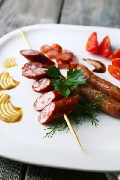 Assortment of tasty thin sausages — Stock Photo, Image