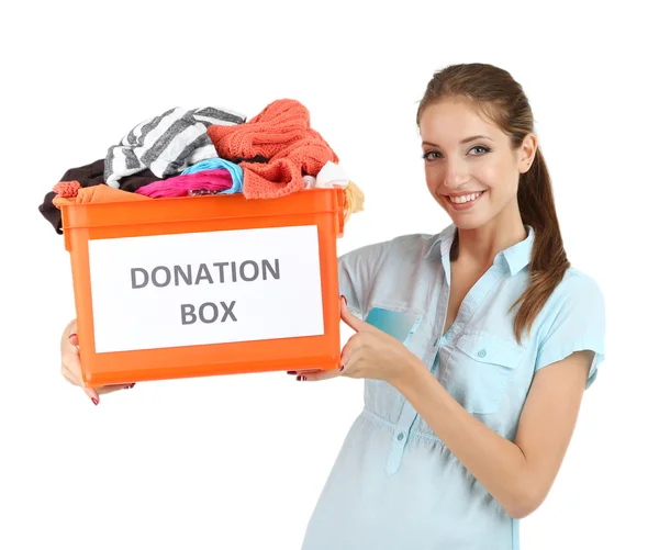 Chica voluntaria con caja de donación aislada en blanco — Foto de Stock