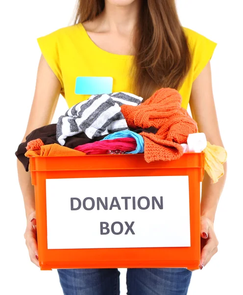 志愿者捐款箱上白色孤立的女孩 — 图库照片