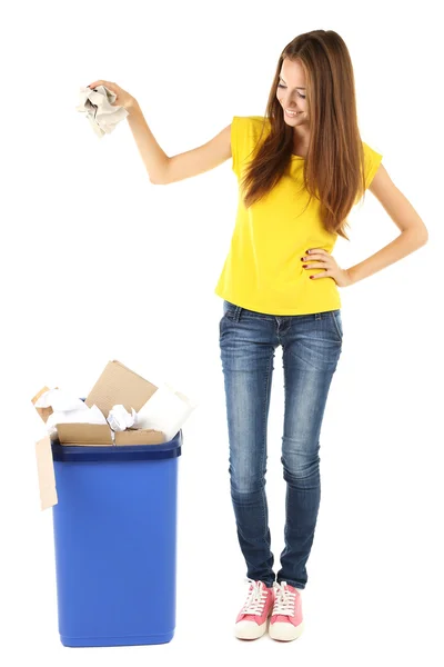 Young girl sorting paper and cardboard isolated on white Stock Image