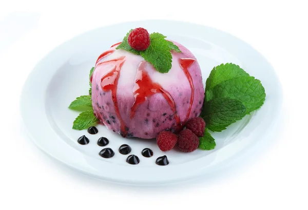 Delicious ice cream with fresh berries and mint leaves on plate, isolated on white — Stock Photo, Image