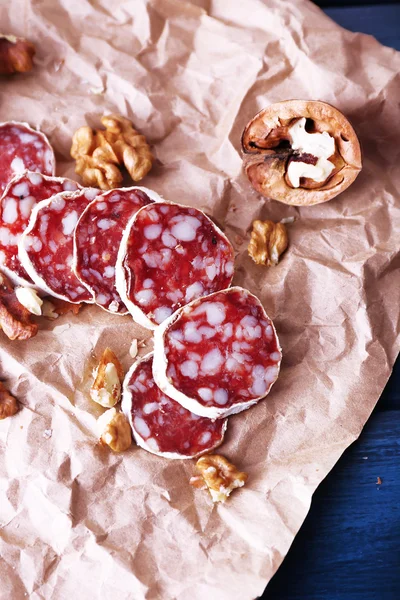 French salami and walnuts — Stock Photo, Image